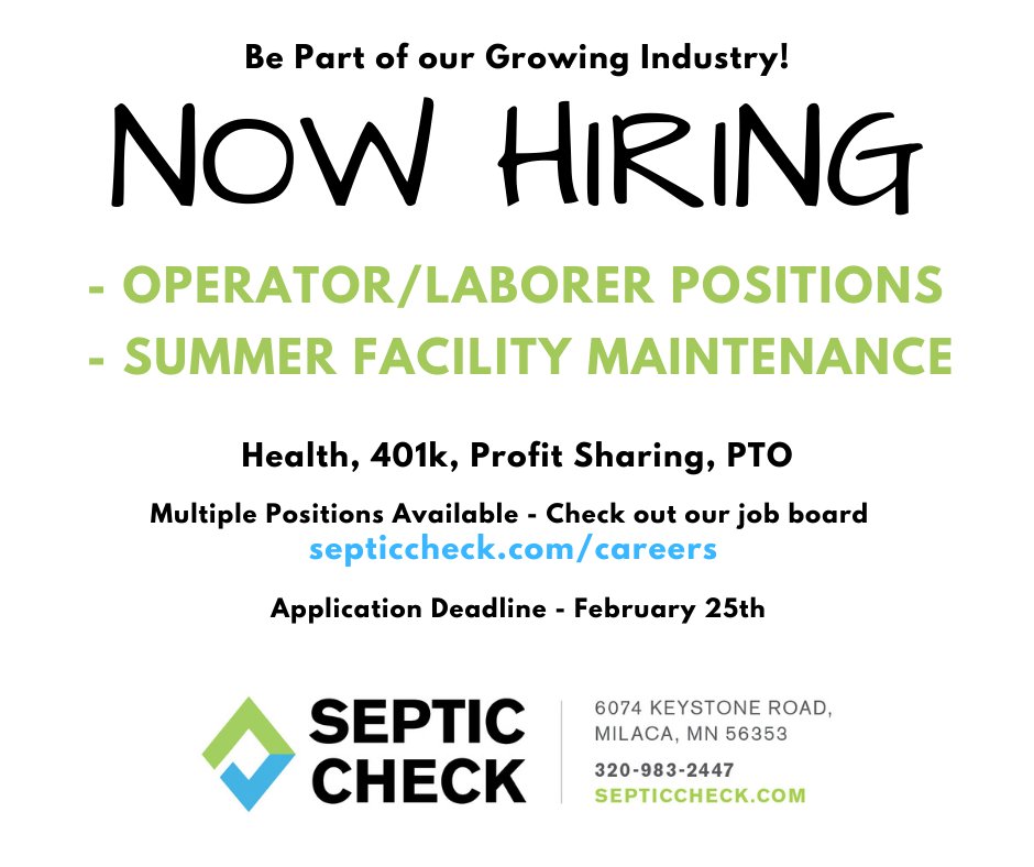 Septic_Check's tweet photo. Septic Check is currently looking to fill multiple positions!! Head on over to our page for job descriptions and to apply!! 
NOW HIRING: -Operator/Laborer &amp; - Summer Facility Maintenance 
https://t.co/XSqZvekBIn https://t.co/XbKnNVOCHV
