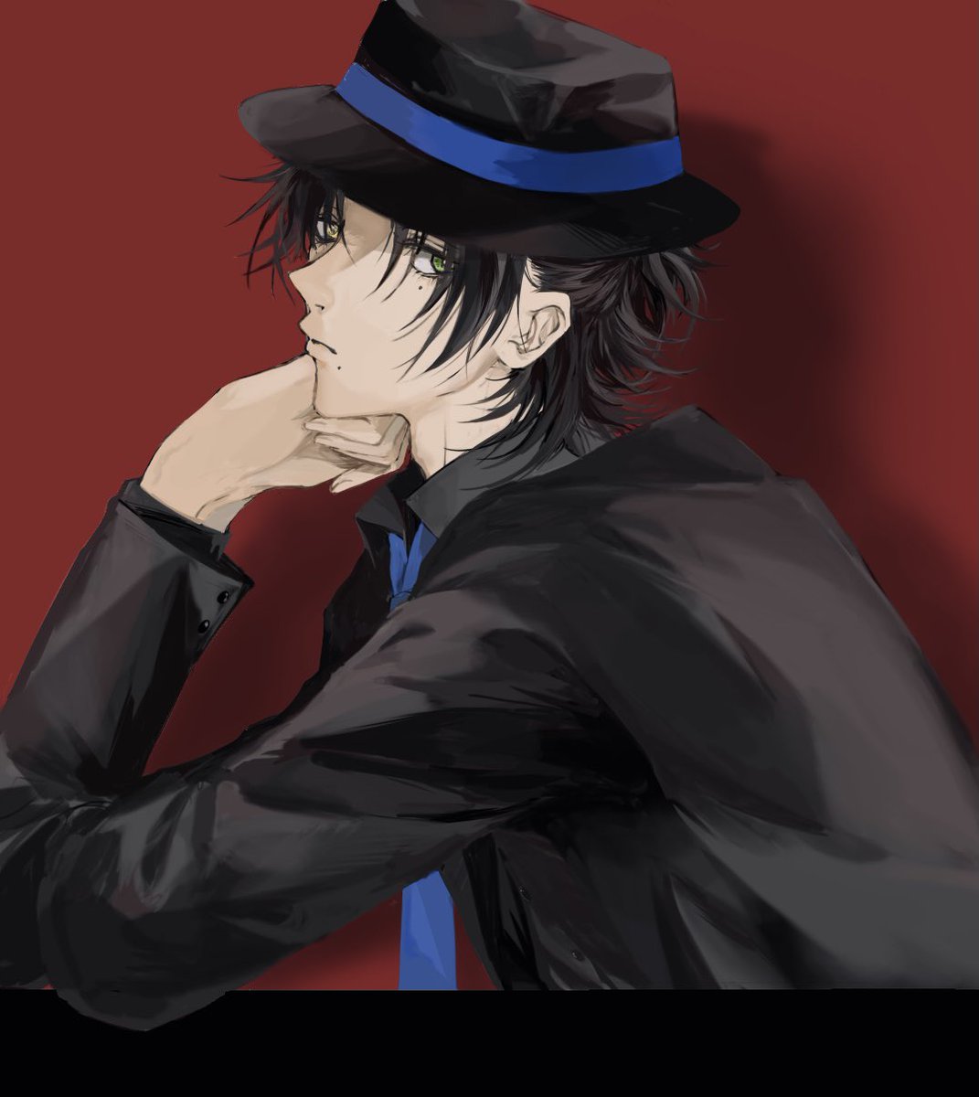 1boy male focus hat solo black hair necktie red background  illustration images