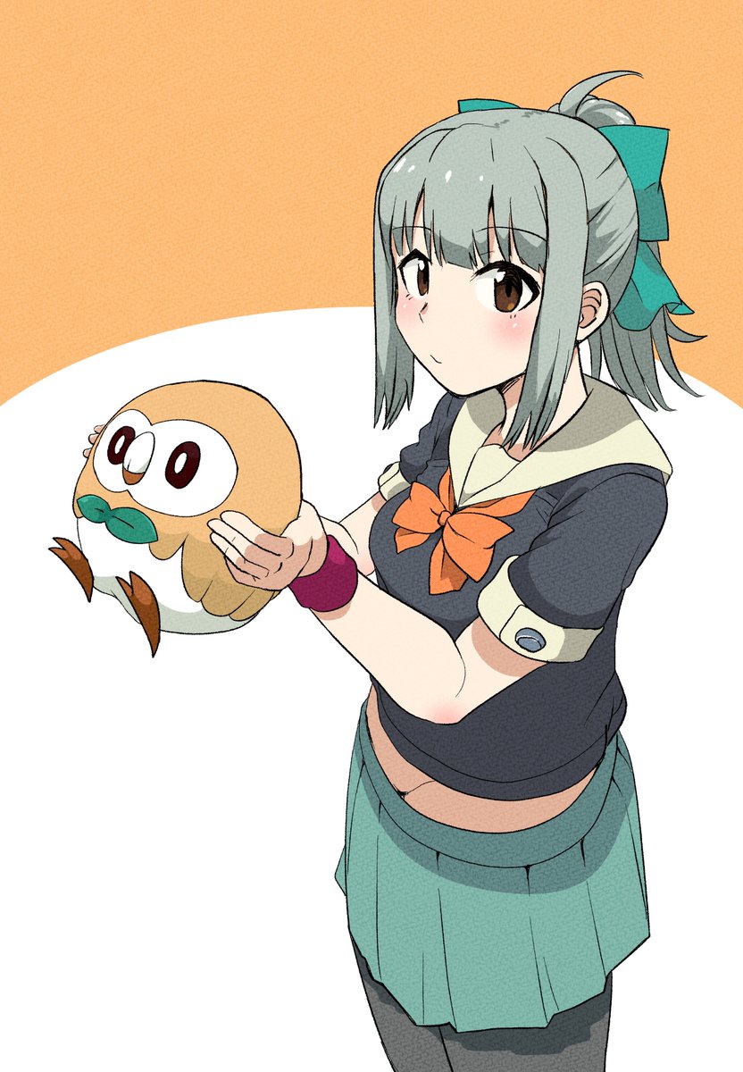 rowlet ,yuubari (kancolle) 1girl pokemon (creature) crossover ponytail bow brown eyes hair bow  illustration images