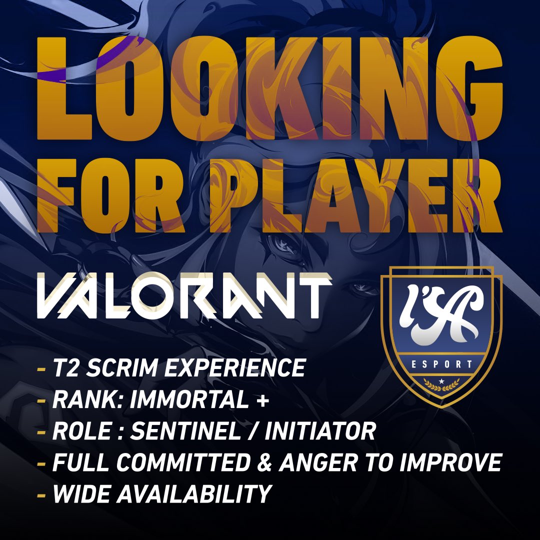 EsportAtleta's tweet image. Atleta Esport vuole te, per il suo team di Valorant!
Voglia di avventure? Cerchi un team che possa aiutarti a esprimere il tuo talento? Scrivici in DM, esamineremo ogni candidatura.

Requisiti:

- T2 scrim experience
- Rank: immortal +
- Ruolo: Sentinel / Initiator
#ATEWIN