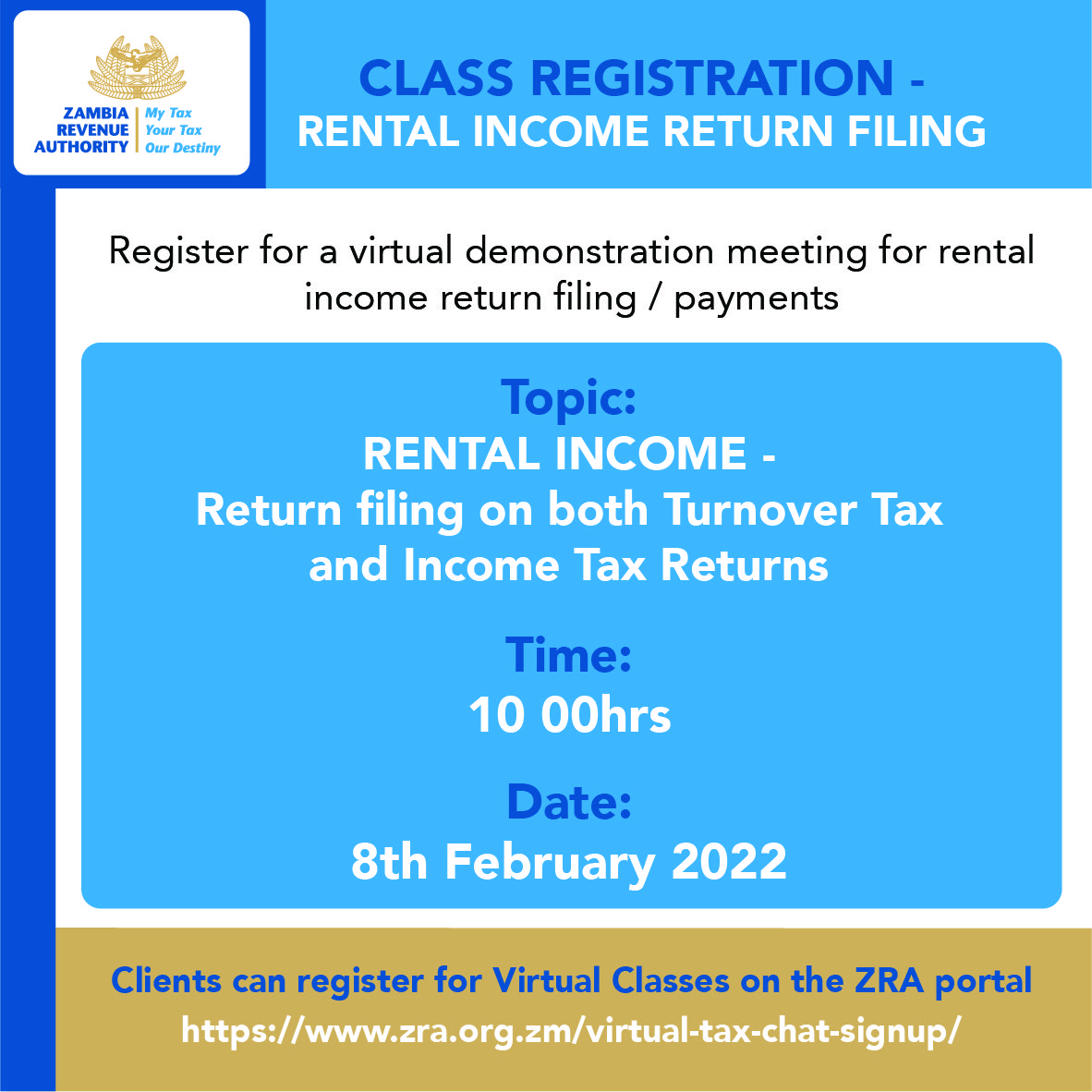 Register for a virtual demonstration meeting for rental income return filing/payments zra.org.zm/virtual-tax-ch…