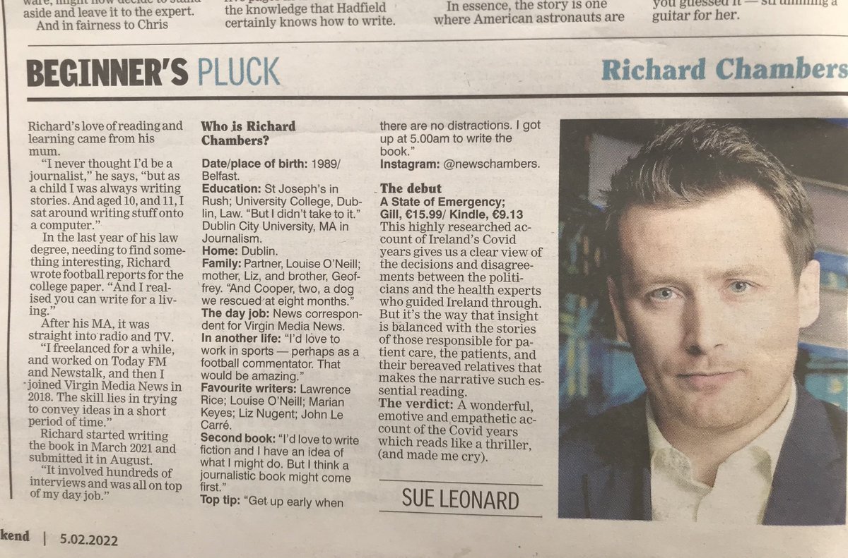Suejleonard's tweet photo. State of Emergency by @newschambers this weeks #beginnerspluck should be required reading. It’s emotive, empathetic and reads like a thriller. And it made me cry. @irishexaminer https://t.co/kJ1gd4gipI