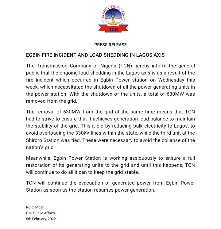 TCN_NIGERIA's tweet photo. Egbin fire incident and load shedding in Lagos axis https://t.co/oq6EzntEi4