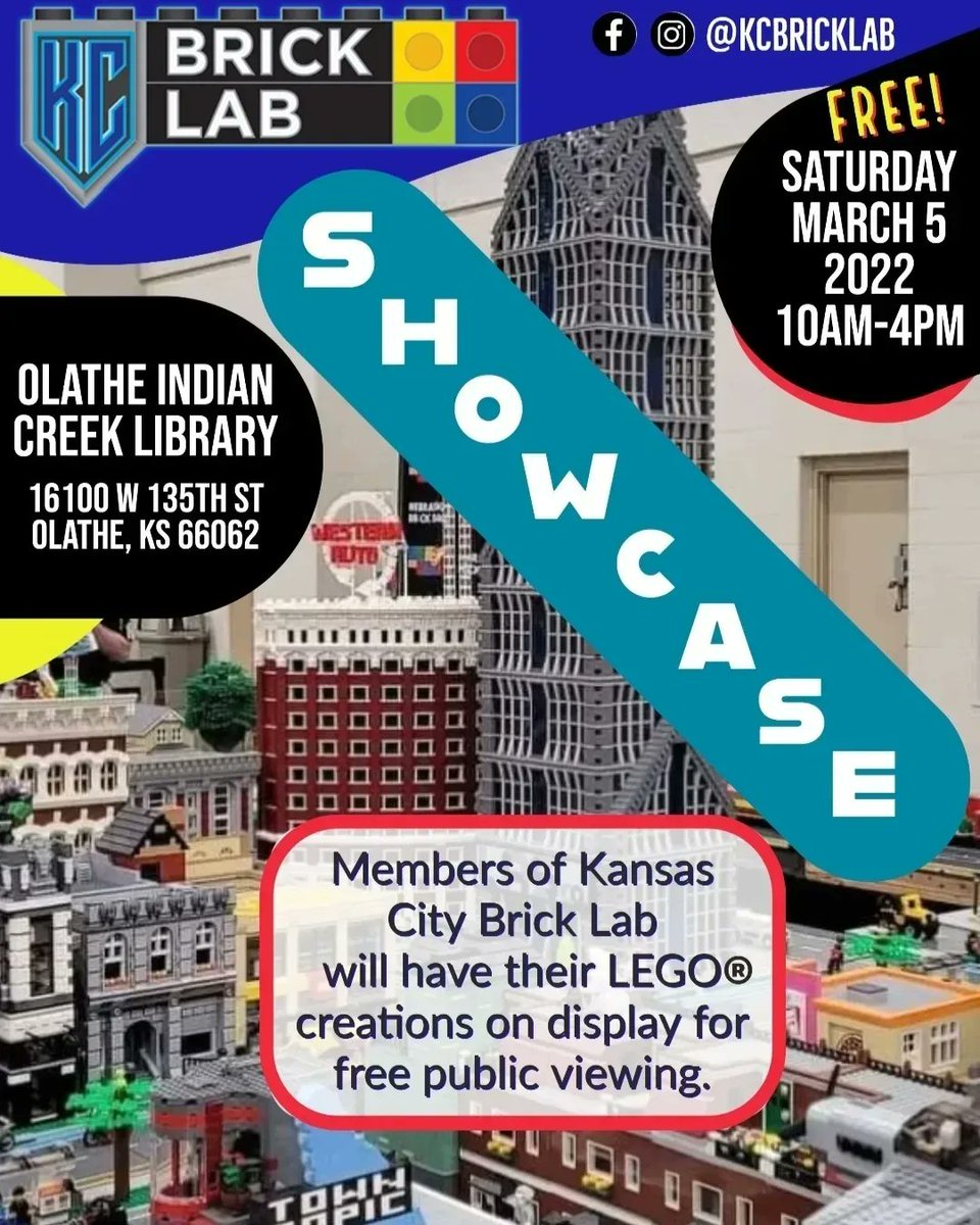 Save the date in your calendars for March 5th! KC Bricklab is having a free #Lego showcase at the Indian Creek Library in Olathe, Kansas on 5 March from 10am to 4pm.

Event is free to the public! Hope to see you there!
#kcbricklab #KCBricklabshowcase22 #OlatheKS #kansascityevents