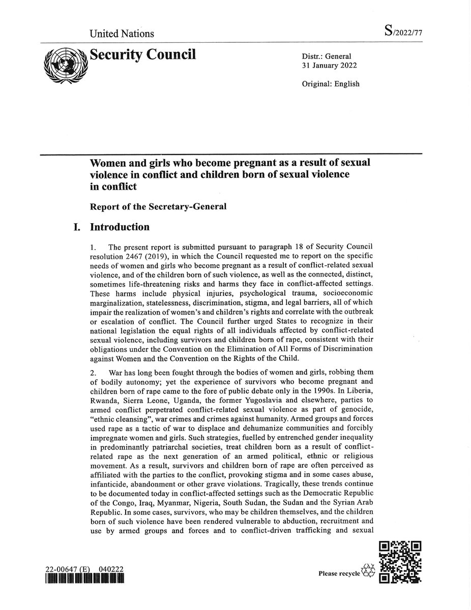 Now out:
SG's report on "Women &amp; girls who become pregnant as a result of sexual violence in conflict &amp; children born of sexual violence".
Truly a heart-wrenching read.
Critically important that UN address this crisis.
documents-dds-ny.un.org/doc/UNDOC/GEN/…