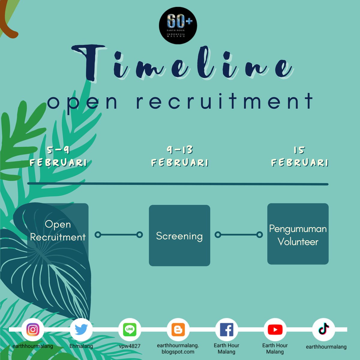 [Timeline Open Recruitment Volunteer Earth Hour Malang 2022]

Halo, SobatEH! Yuk buruan daftar sebelum ketinggalan. 

5-9 Februari: Open Recruitment
9-13 Februari: Screening
15 Februari: Pengumuman Volunteer

#ShapeOurFuture #Connect2Earth #EarthHour #EarthHourIndonesia #EHMalang