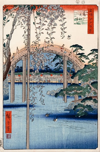 «Nº 57, Terrenos del Santuario de Kameido Tenjin (de Cien vistas famosas de Edo)». Utagawa Hiroshige, 1856.
Museo de Arte de Cincinnati.