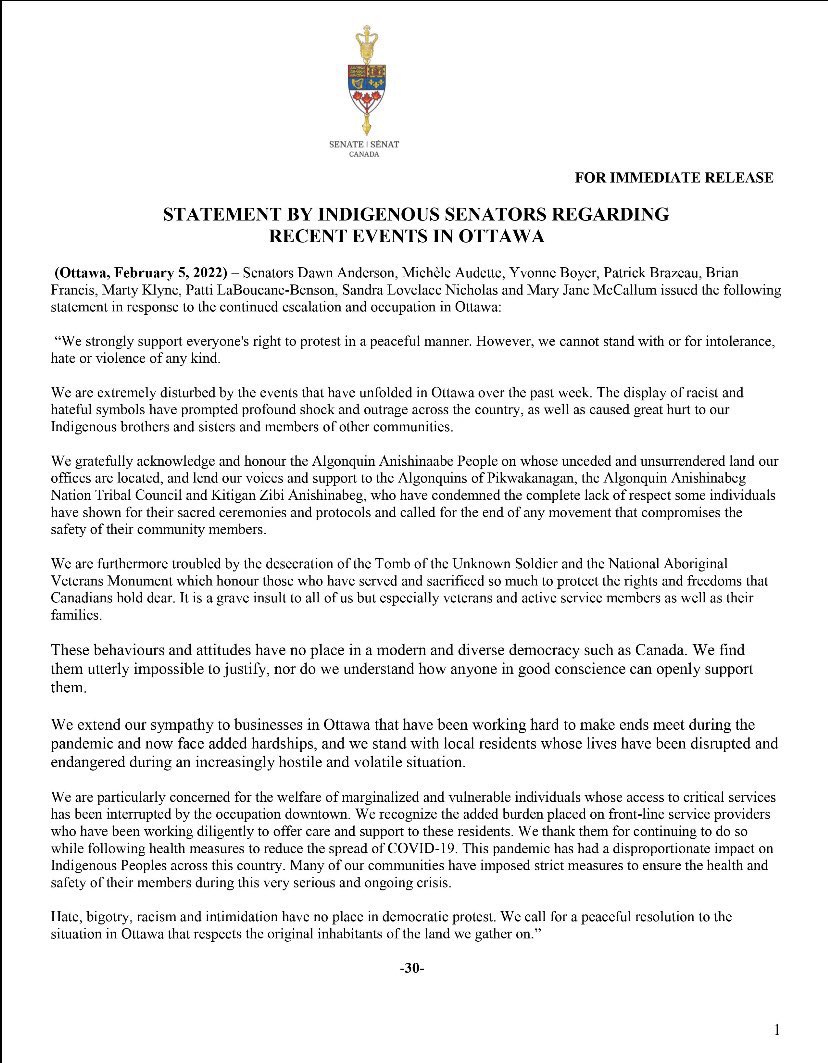 senatorbrazeau's tweet image. Statement by Indigenous Senators regarding the Occupation on the ancestral lands of the Algonquin people in Ottawa. #FreedomConvoy #Indigenous