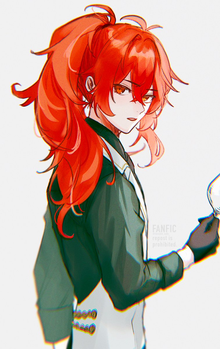 diluc (genshin impact) 1boy male focus red hair long hair white vest red eyes ponytail  illustration images
