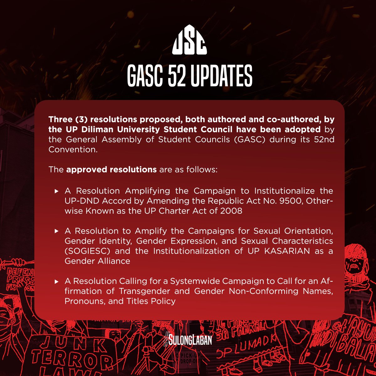 USCUPDiliman's tweet photo. #GASC52 Updates | Three (3) resolutions proposed, both authored and co-authored, by the UP Diliman University Student Council have been adopted by the General Assembly of Student Councils (GASC) during its 52nd Convention.
The approved resolutions are as follows
#SulongLaban https://t.co/zXkJcwyAf2
