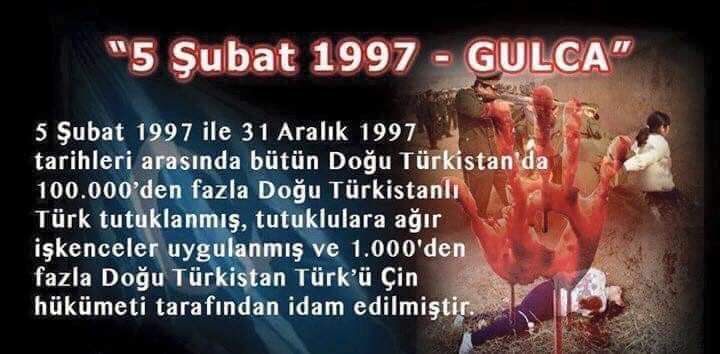 IAltunnar's tweet photo. Gulca katliamını unutmadık, unutturmayacağız!
5 Şubat 1997'de Doğu Türkistan'ın Gulca şehrinde yaşanan olaylar sonrasında şehit edilen soydaşlarımızı rahmet ve dualarla anıyoruz.
Kahrolsun katil Çin!
Yaşasın bağımsız Doğu Türkistan! https://t.co/EMWIHGz2w4