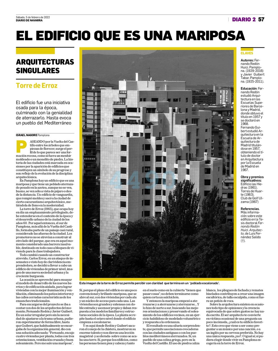 NagoreSetien's tweet photo. En Pamplona hay un edificio que es una mariposa y que tiene un poblado aterrazado posado en la azotea, aunque no se ven.Un edificio que es una lección magistral sobre como se acaba una torre y que metió a Pamplona de lleno en la modernidad.Hoy escribo en DN sobre la Torre Erroz. https://t.co/fLmhKmaAoy