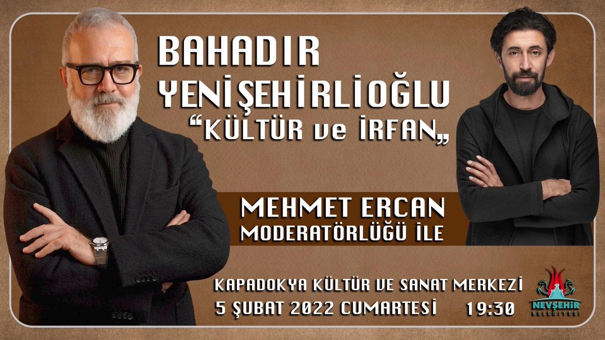 tvnev_'s tweet photo. Nevşehir Belediyesince düzenlenen Kültür ve Sanat Günleri programının konuğu yazar ve oyuncu @Yenisehirlioglu olacak.Programın moderatörlüğünü yazar ve program yapımcısı @mehmetercantv üstlenecek.

19:30’da Tvnev kanalımızdan canlı olarak izleyebilirsiniz.
https://t.co/fQ88apafOt https://t.co/9rbkyiNV2i