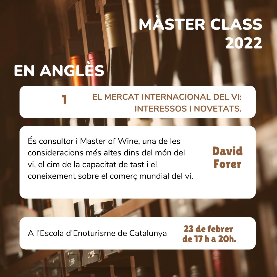 Escola Enoturisme Catalunya (@enoturismedu) on Twitter photo 🗓 Demà comença nou cicle #màsterclass a <a href="/enoturismEDU/">Escola Enoturisme Catalunya</a>, que tracten des de punts de vista originals, la temàtica del #vi.
1a #màsterclass, impartida en anglès 🇬🇧:
✅EL MERCAT INTERNACIONAL DEL VI: Interessos i novetats, a càrrec de <a href="/DavidForer/">David Forer MW</a>.
🌐escolaenoturisme.cat 🗓 Demà comença nou cicle #màsterclass a <a href="/enoturismEDU/">Escola Enoturisme Catalunya</a>, que tracten des de punts de vista originals, la temàtica del #vi.
1a #màsterclass, impartida en anglès 🇬🇧:
✅EL MERCAT INTERNACIONAL DEL VI: Interessos i novetats, a càrrec de <a href="/DavidForer/">David Forer MW</a>.
🌐escolaenoturisme.cat