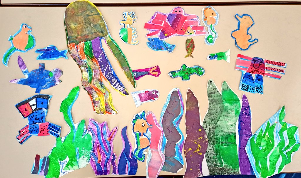 We created textures using a range of tools, in the style of Eric Carle, for our Under the Sea display across #KS2 at <a href="/WfieldPrimary/">Westfield Primary</a>. I love the characters! #art #primaryart