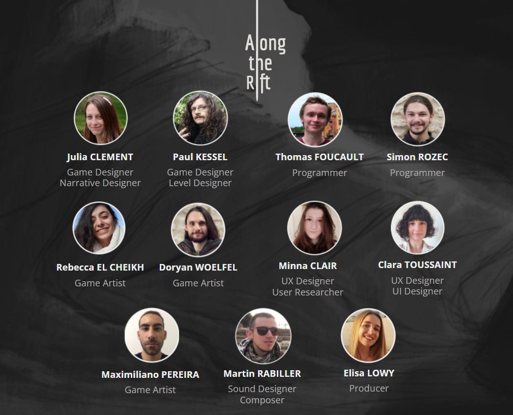 Meet the team behind Along The Rift! 💫

We are 11 students from the <a href="/Cnam_Enjmin/">Cnam-Enjmin</a> 
#gamedev #narrativegame #IndieGameDev