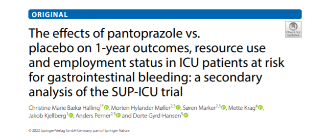 Chr_Halling's tweet photo. Use of pantoprazole in the #ICU did not lead to reduced 1-year outcomes, employment, health care resource use or costs in #SUPICU. New pub @yourICM - @MortenHylander @SoerenMarker Mette Krag @KjellbergJakob @AndersPerner @DorteGyrd (@DaCHE_SDU @VIVEviden) https://t.co/rxU40SAPHu https://t.co/2k9np36Ijp