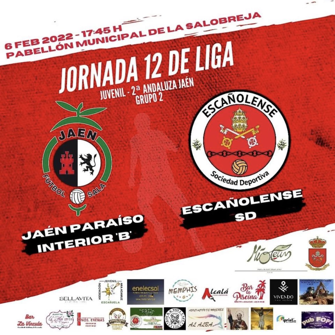 #SÉNIOR
⚽ JORNADA 11 DE LIGA ⚽
🆚 <a href="/ClubPatinBarFS/">Club Patín Bar FS</a> 
📅 Domingo, 06/02/2022
🕖 19:00 horas
🏟️ Pabellón Municipal Matías Prats (Torredonjimeno)

#JUVENIL
⚽ JORNADA 12 DE LIGA ⚽ 
🆚 <a href="/JaenFSbase/">Jaén Paraíso Interior FS Base</a> 
📅 Domingo, 06/02/2022
🕖 17:45 horas
🏟️ Pabellón Municipal de la Salobreja (Jaén)