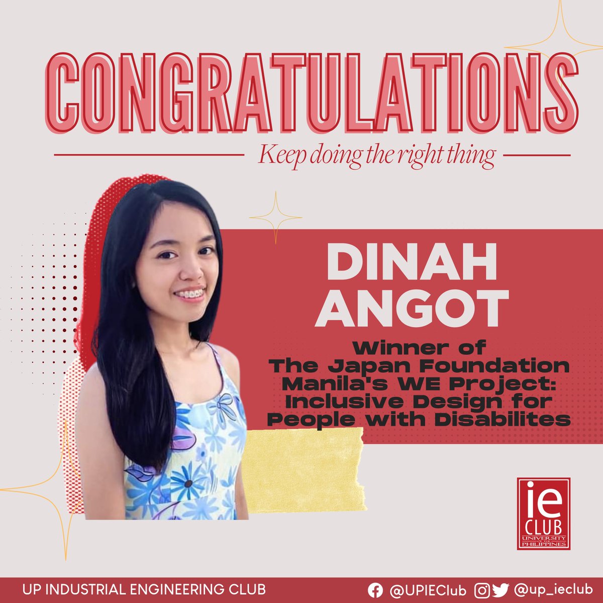 up_ieclub's tweet photo. We would like to congratulate our resident Clubber, Dinah Angot, for winning the The Japan Foundation Manila's WE Project: Inclusive Design for People with Disabilites held last November 2021 to January 2022. https://t.co/JEKTEJuKz2