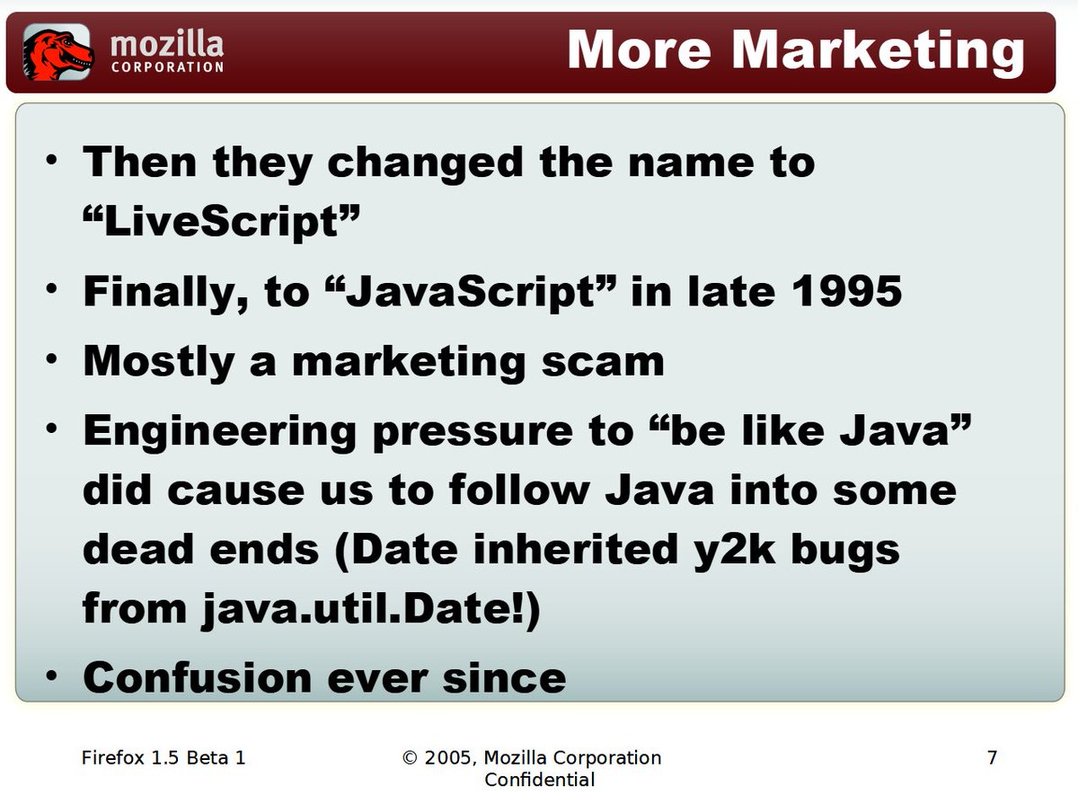 kis's tweet image. 「Javaに似せろという圧が強すぎて、java.util. Dateの2000年バグまでJavaScriptに引き継いでしまった」
mozilla.org/js/language/IC…