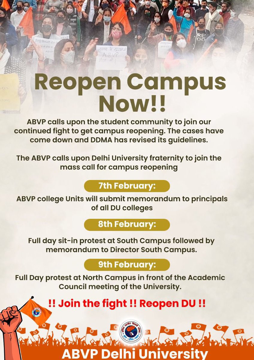 ankittahlawat's tweet photo. 🚩Reopen Campus Now!!

ABVP calls upon the student community to join our continued fight to get campus reopening. The cases have come down and DDMA has revised its guidelines.  

The ABVP calls upon Delhi University fraternity to join the mass call for campus reopening

#reopendu https://t.co/plKKmQcvfS