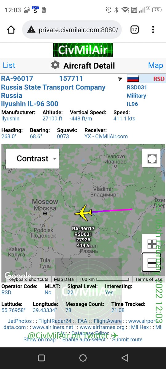 CivMilAir's tweet photo. #PutinForceOne inbound Moscow
Putin & chums back home from China
๐ท๐บ Russian Government
IL96 RA96017 RSD031 https://t.co/hJnVfwmxH8