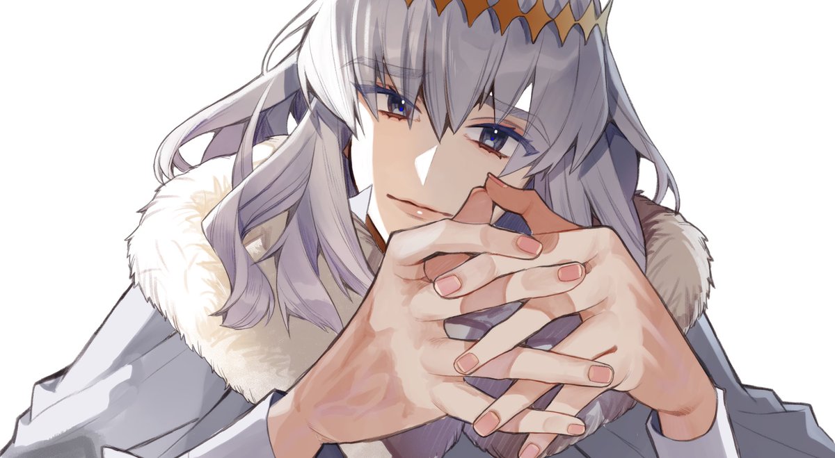 oberon (fate) 1boy male focus solo grey hair fur trim crown white background  illustration images