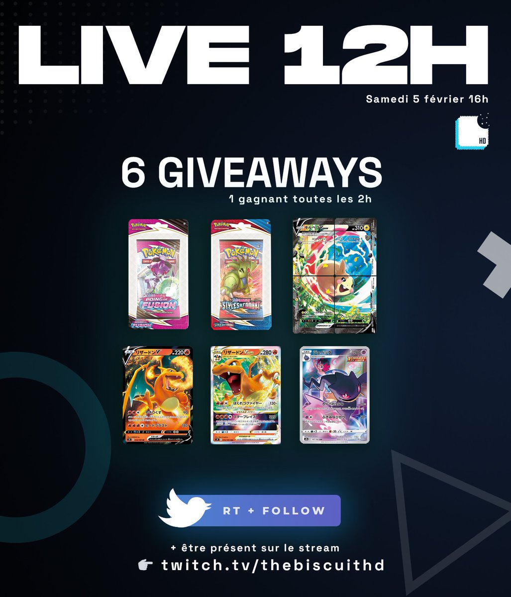TheBiscuitHD's tweet photo. 👋Aujourd'hui c'est le live 12h non stop !

Au programme de l'Opening Pokémon + gaming.

Pour l'occasion j'organise le plus gros giveaway de la chaîne : 6 lots pour vous !

RT + Follow + être présent sur le stream.
RDV à 16h sur la chaîne https://t.co/IFe7YwUtO2 https://t.co/qQ4Ah2hAr8