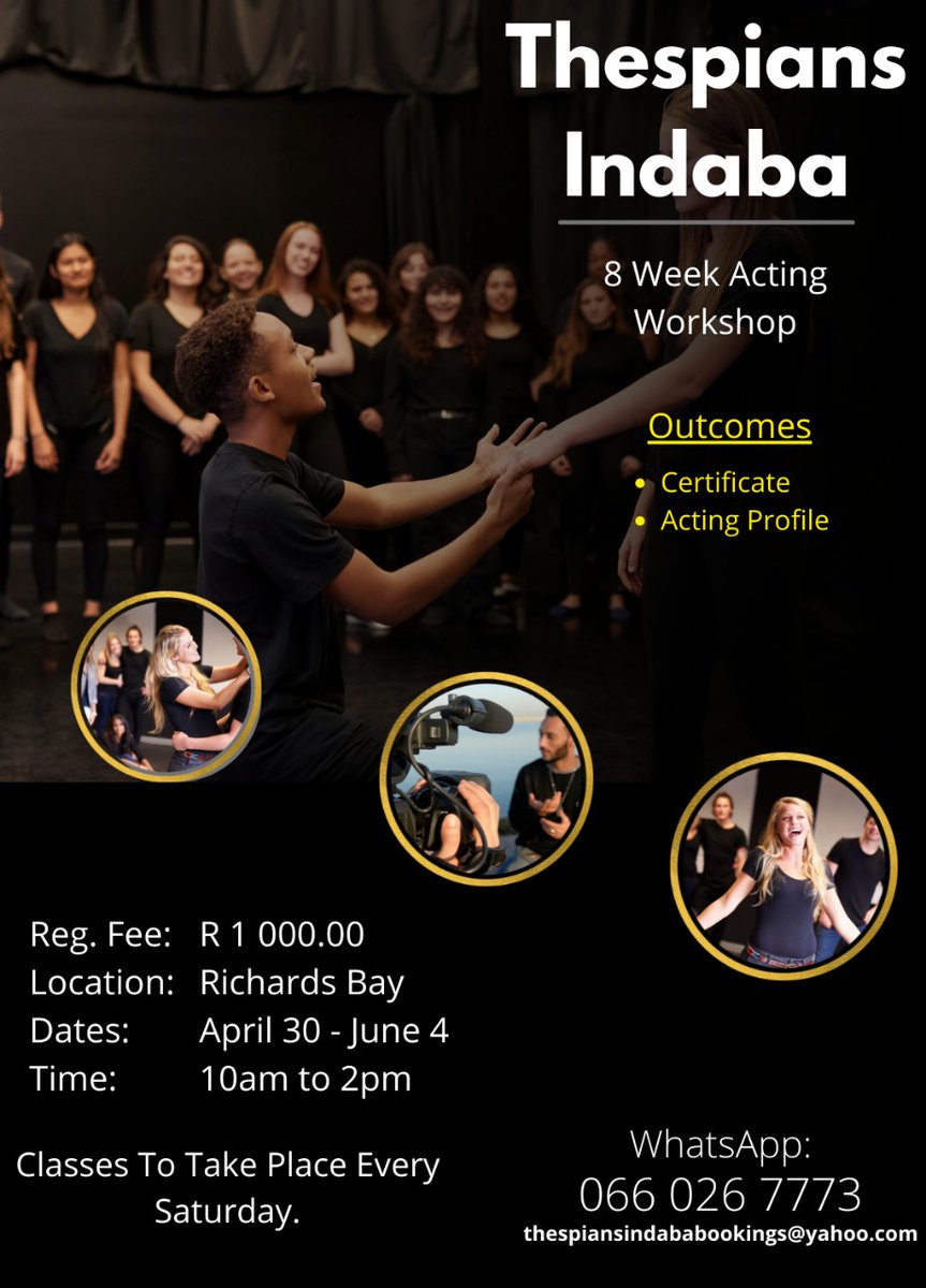 Hi Thespians🎭 we host one month city to city acting classes/workshops. Register for free on the link below to secure your space, joining fee is R1000. In November we have Art Festival where all our classes will perform live.
devsun.online/thespians%20in…

#flooding #thespiansindaba