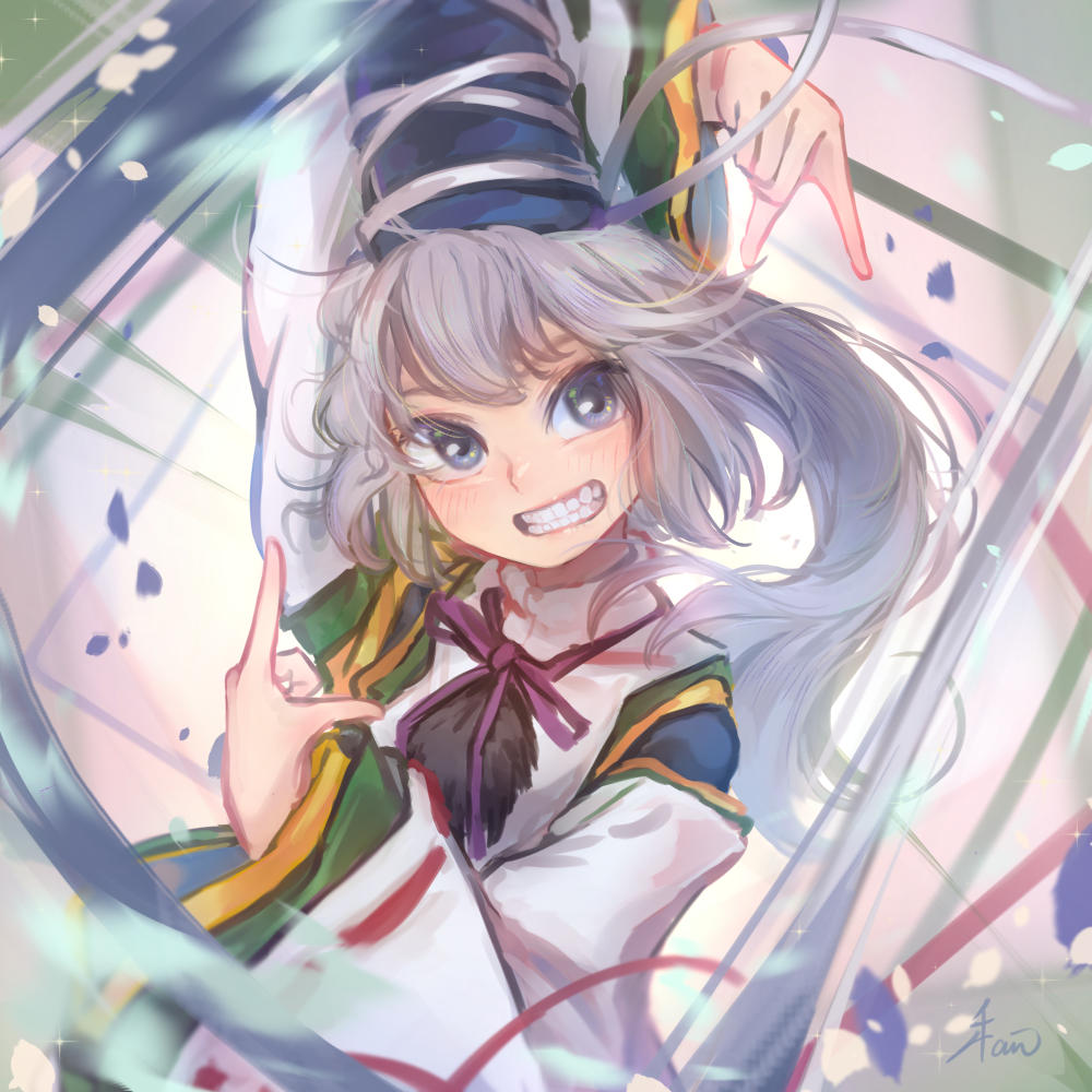 mononobe no futo 1girl solo hat smile tate eboshi grey hair ribbon  illustration images