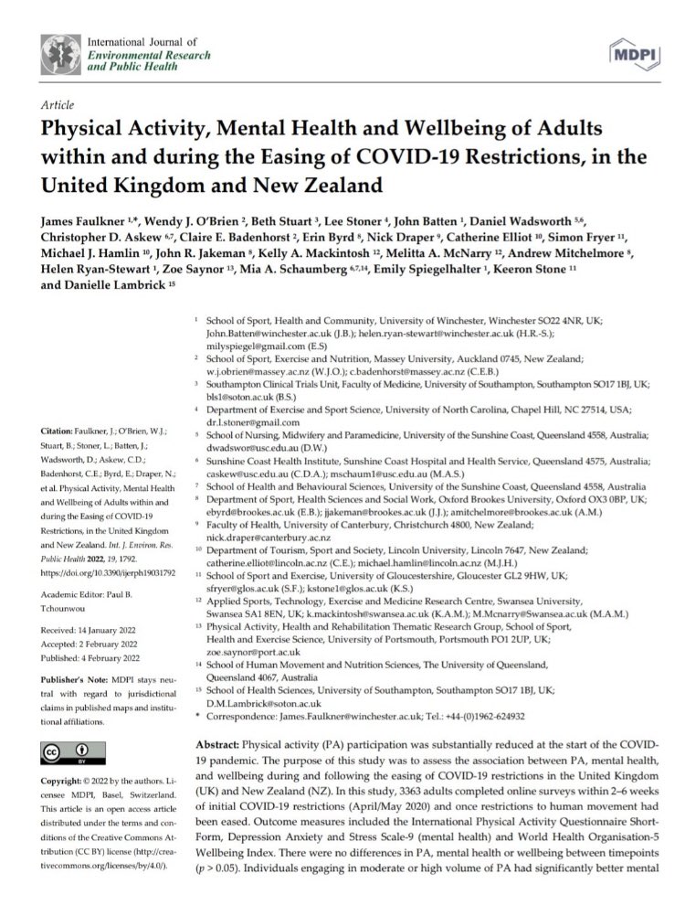 Erin Byrd (@drerinbyrd) on Twitter photo Gov pub health policy needs to support populations to achieve and maintain levels of MVPA to protect mental health and well-being during lockdowns and when they are lifted. Our latest pub lead by <a href="/drjamesfaulkner/">James Faulkner</a> <a href="/OBUSportCourses/">OBU Sport & Coaching Sciences</a> @hls_research <a href="/brookeshls/">Oxford Brookes HLS</a> <a href="/Brookes_News/">Oxford Brookes Press Office</a> Gov pub health policy needs to support populations to achieve and maintain levels of MVPA to protect mental health and well-being during lockdowns and when they are lifted. Our latest pub lead by <a href="/drjamesfaulkner/">James Faulkner</a> <a href="/OBUSportCourses/">OBU Sport & Coaching Sciences</a> @hls_research <a href="/brookeshls/">Oxford Brookes HLS</a> <a href="/Brookes_News/">Oxford Brookes Press Office</a>