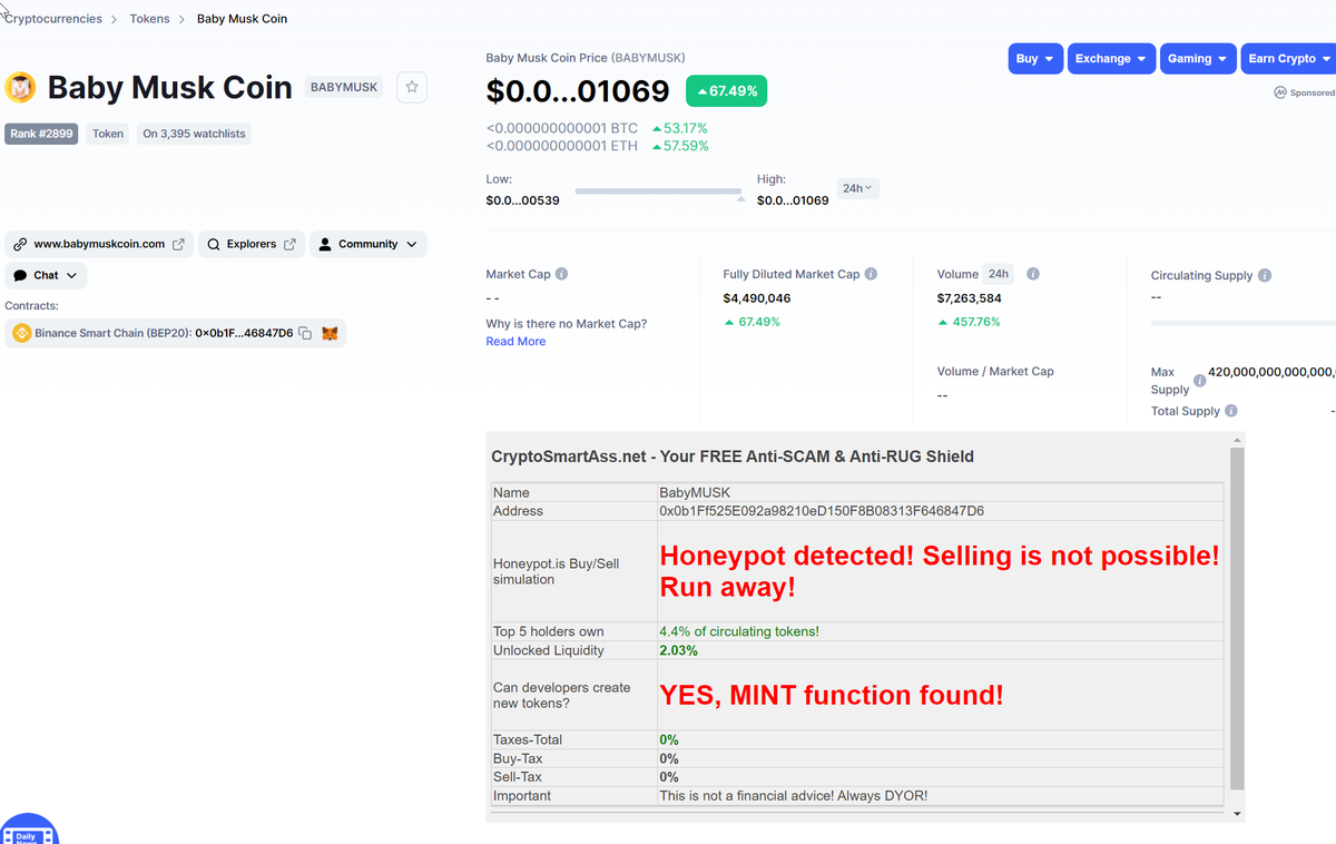 1cryptosmartass's tweet photo. Caution: Baby Musk Coin has 2 red flags! 🚩🚩

@BabyMuskCoin $BABYM 🔥 
@CoinMarketCap #Trending #cryptocurrency #CoinMarketCap #BSC #BabyMuskCoin #BSCGem #BSCGemsAlert #ScamAlert https://t.co/qpzfS5r33h
