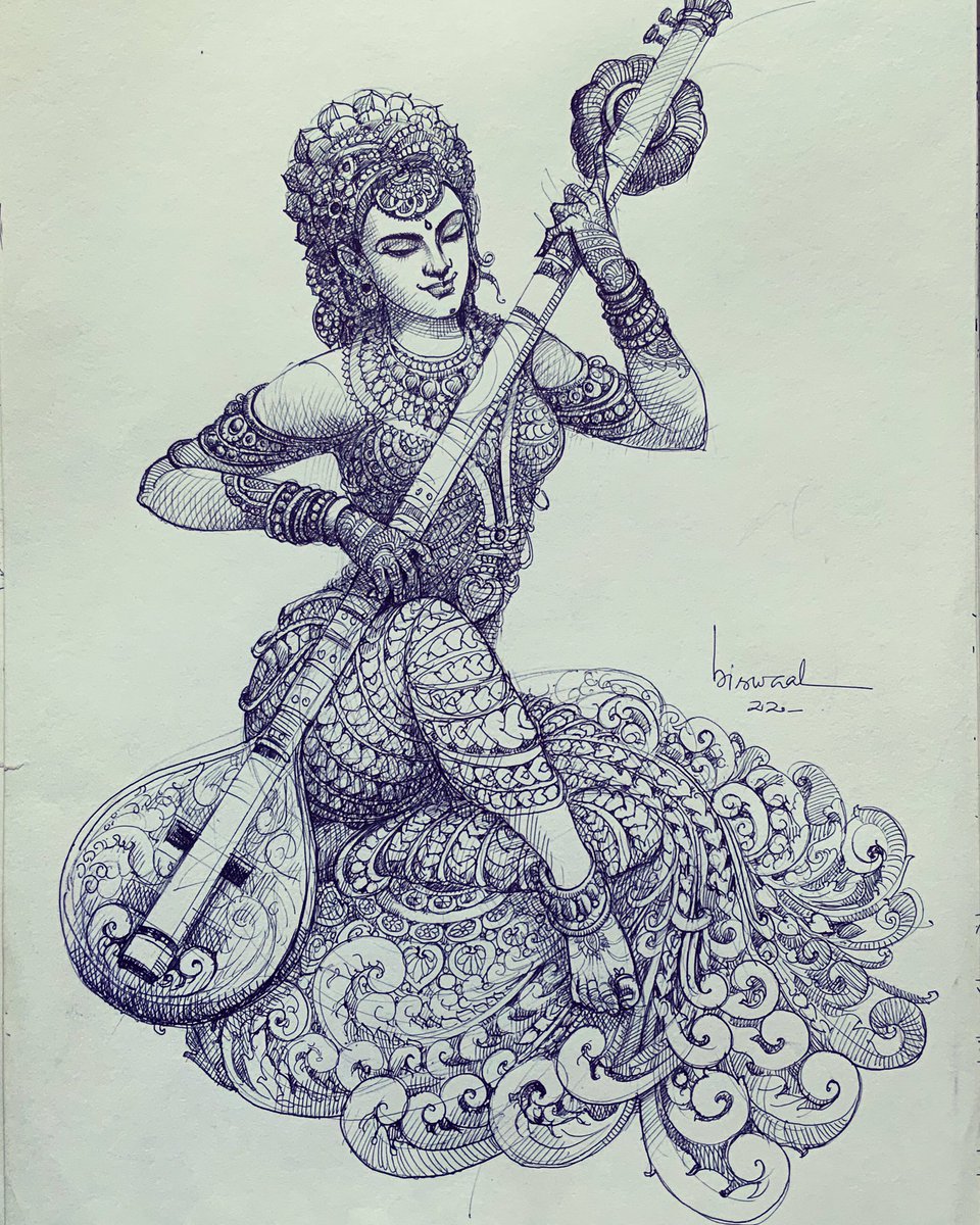 Maa saraswati sketch | Pencil sketch, Male sketch, Humanoid sketch