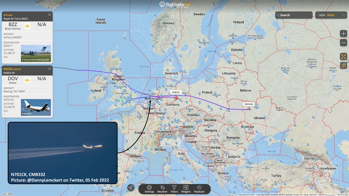 Gerjon_'s tweet photo. Live Ukraine Airlift update: Royal Air Force Airbus A400M (🇬🇧ZM417, #RRR4940) is approaching 🇺🇦Kyiv Boryspil Airport, likely carrying military aid.
Also active is "Kalitta Air" 🇺🇸N701CK as #CMB332, likely also heading to Boryspil.
Both used 🇩🇪Germany airspace.
📸@DannyLemckert https://t.co/UAu2uuHXfM