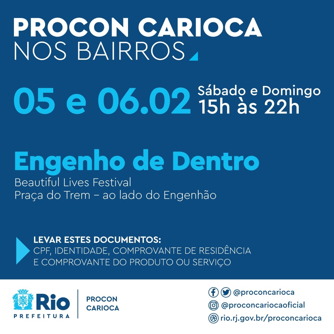 Neste sábado (05/02) e no domingo (06/02) o Procon Carioca estará no Beautiful Lives Festival, realizado no Engenho de Dentro, ao lado do Engenhão.

Reúna documentação e comprovantes de compras de produtos ou serviços para esclarecer dúvidas, negociar e buscar seus direitos.
