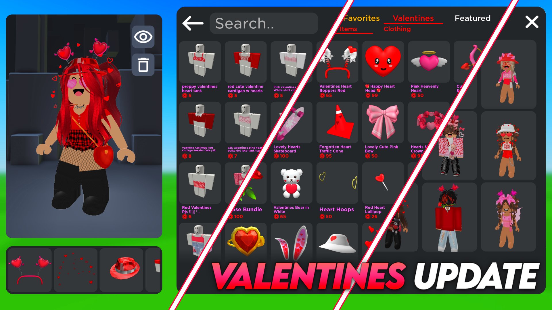 Valentine là dịp lễ tình nhân đặc biệt cho Roblox, khi mà những cập nhật thú vị nhất dành riêng cho Avatar được tung ra. Năm 2024, Roblox sẽ mang đến cho người chơi những bộ trang phục, phụ kiện, hình nền,… với phong cách Valentine cực kỳ lãng mạn và đẹp mắt.