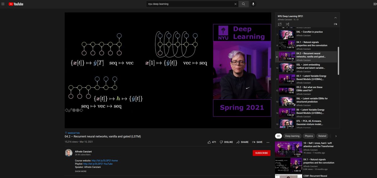Mark Tenenholtz (@marktenenholtz) on Twitter photo If you’re going to learn deep learning, learn it from the best.
<a href="/alfcnz/">Alfredo Canziani</a> and <a href="/ylecun/">Yann LeCun</a> teach arguably the most comprehensive, from the fundamentals course out there and post it for free on YouTube every semester!
CNNs, RNNs, Transformers, GCNs… you name it! If you’re going to learn deep learning, learn it from the best.
<a href="/alfcnz/">Alfredo Canziani</a> and <a href="/ylecun/">Yann LeCun</a> teach arguably the most comprehensive, from the fundamentals course out there and post it for free on YouTube every semester!
CNNs, RNNs, Transformers, GCNs… you name it!