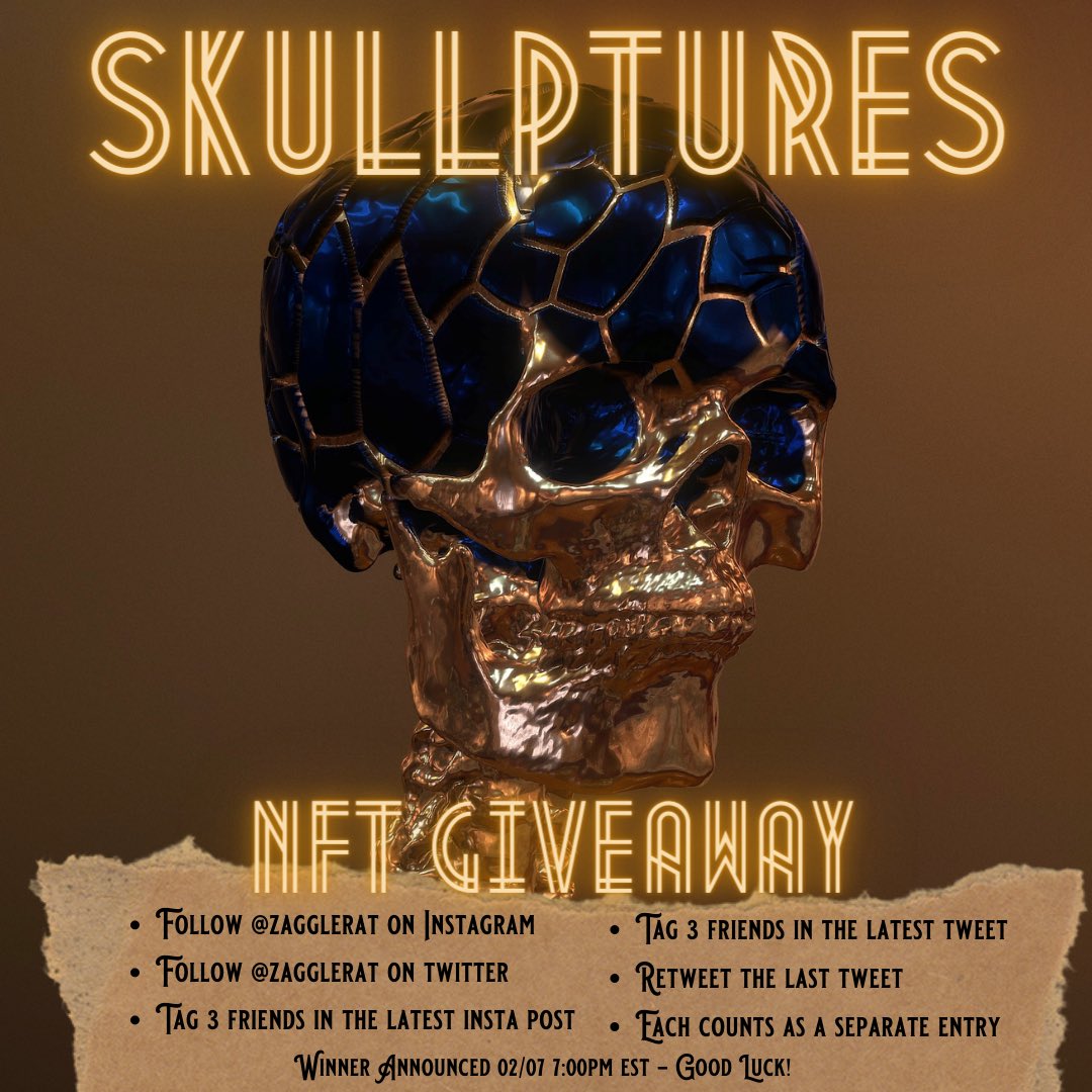 The first of many #NFTGiveaway’s for the upcoming 3D #NFT collection “Skulptures” brought to you by <a href="/zagglerat/">Zagglerat</a>’s Curious Artifacts and Rarities from Past, Present &amp; Future!