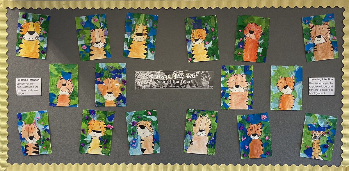 MissLAHarrison's tweet image. This was P4H’s art work @Whitehillsps  this week.  We used a variety of media to create our tiger pictures.  #ChineseNewYear