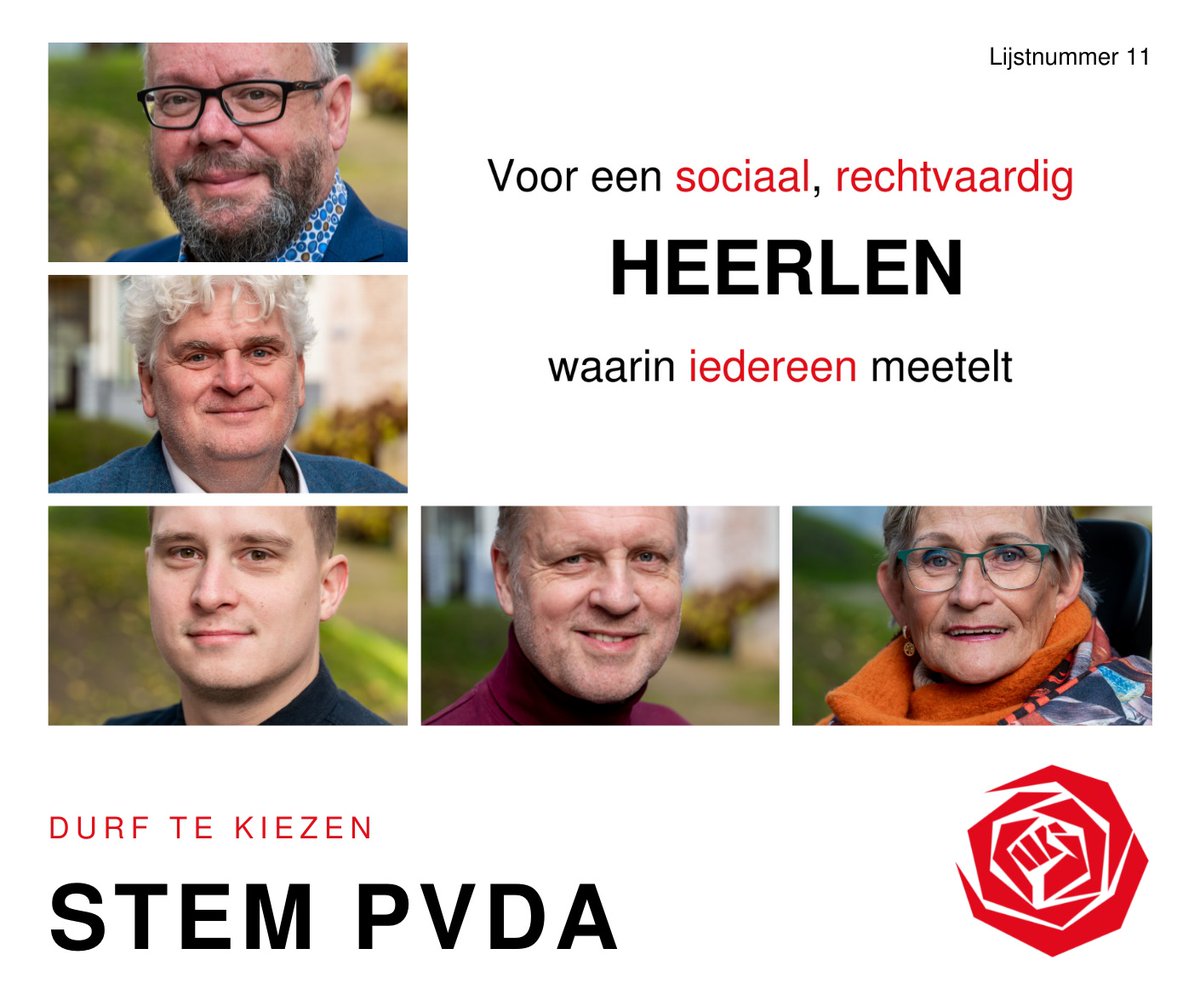 Voor een sociaal en rechtvaardig Heerlen waarin iedereen meetelt!🌹

Op 14, 15 en 16 maart zijn de #GR2022 
Laat uw stem horen. 

Onze top 5 (van linksboven naar rechtsonder): 
1. <a href="/henkverreck/">19025625230 🇺🇦💉🌹🐟⭕️</a> 
2. Maurice Dunk
3. <a href="/AGGG94/">Angelo</a> 
4. Roelof Schonewille
5. Jacqueline-Godinetje Koninckx
