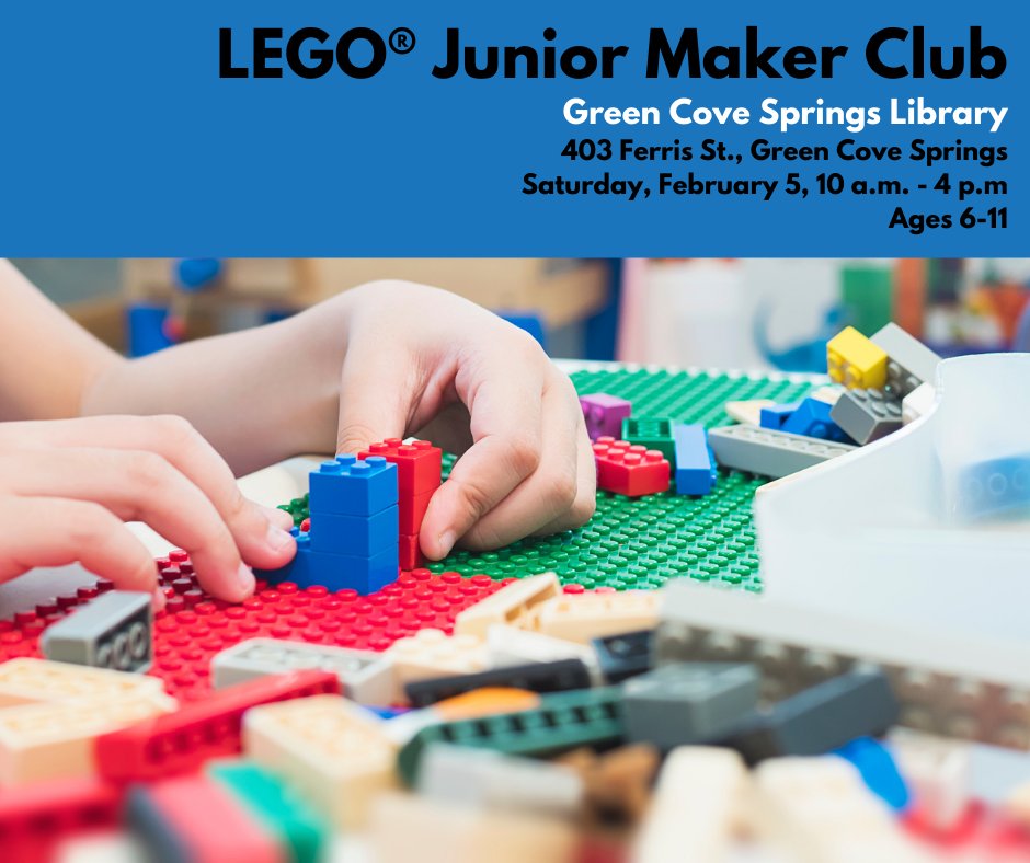 ClayLibrary's tweet image. It&apos;s #TakeYourChildtotheLibraryDay! You and the kids can stop by the Green Cove Springs Library today between 10 a.m. and 4 p.m. for LEGO® Junior Maker Club. (ages 6-11).

#ClayCoLibrary