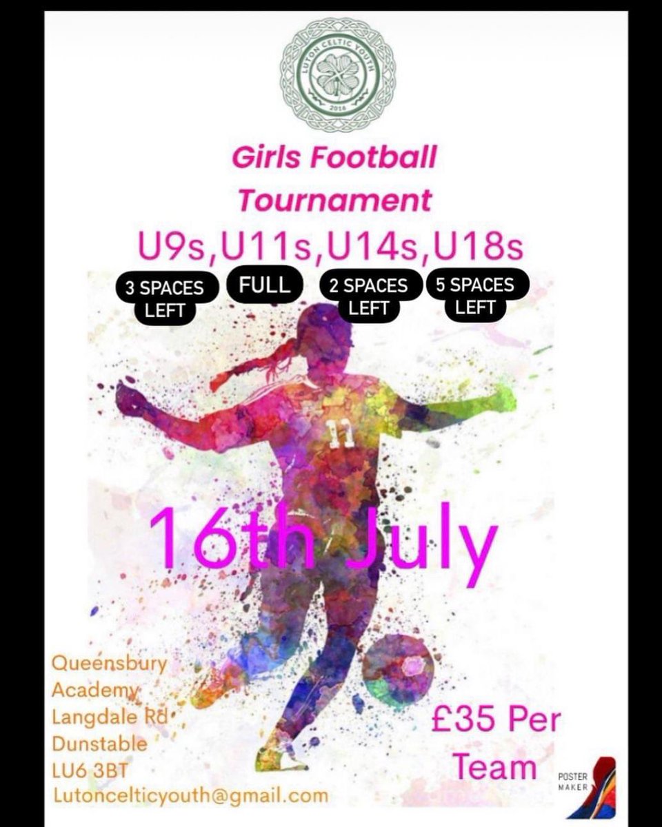 Girls tournament anyone? Please get in touch to secure your place! Not many spaces left! #Girls #Tournament #GirlsTournament #Luton #Celtic #LutonCeltic #LutonCelticYouth @BedsFA