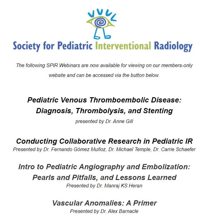 socpedsir's tweet photo. Good morning and happy Saturday!

The latest SPIR Webinar discussing vascular anomalies is uploaded to the archive on the societies' website. 

See the full list of uploaded webinars on our website members only section. 

Trainee's get free membership!

https://t.co/yD2bKeOOEt https://t.co/I8TqalNKZt