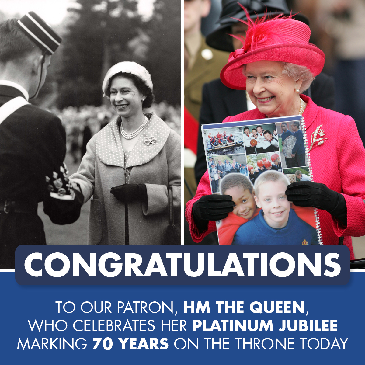 Congratulations to our Patron, HM The Queen, who today reaches another historic milestone in becoming the first British monarch to celebrate a Platinum Jubilee marking 70 years on the throne! 👑 #BoysBrigade #PlatinumJubilee