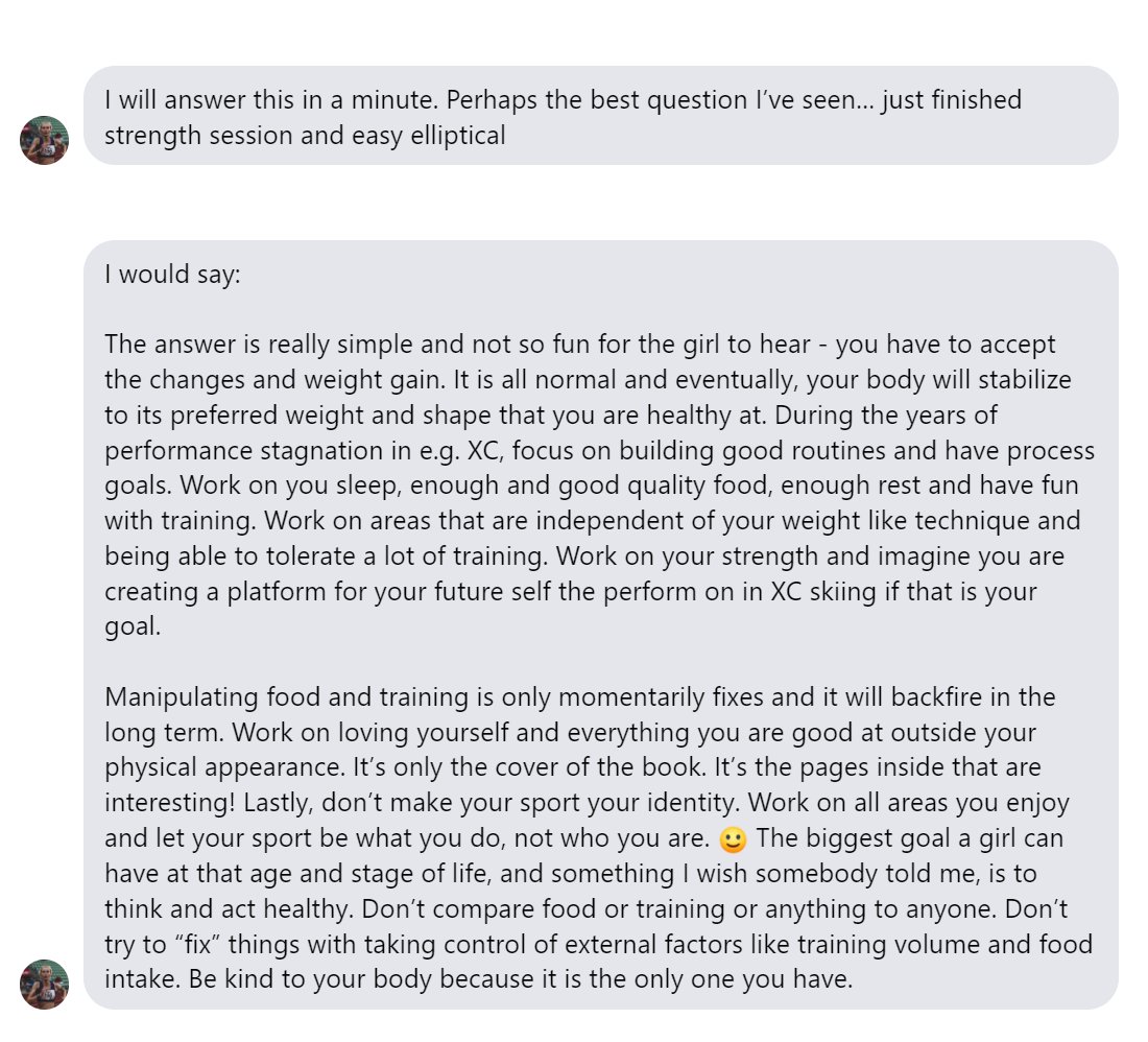I got the question below from a father about endurance training in adolescent female athletes and peripubertal weight gain.  I could have answered, but I thought it was better for my dancer/runner daughter to answer this one: