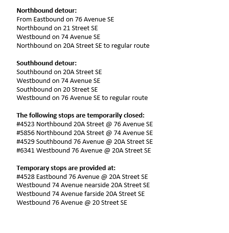 calgarytransit's tweet image. #CTRiders DETOUR #Route36 #Route41 Saturday, February 5 until 7 PM. 20A Street SE is closed in both directions due to construction work. Stop# 4523, 5856, 4529 &amp;amp; 6341 are temporarily closed.