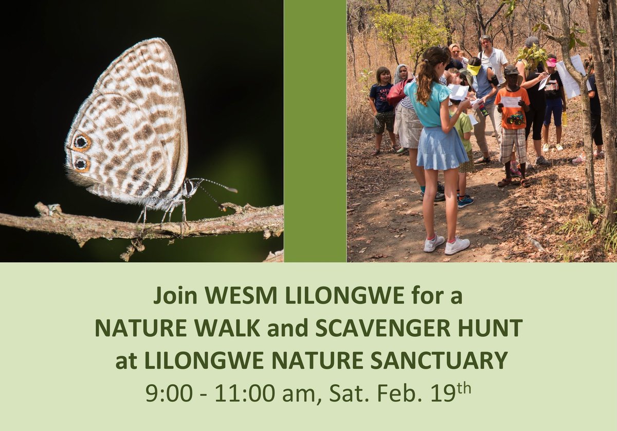 Join us between 9:00 and 11:00am on February 19th for a fun morning out. WESM Lilongwe will be hosting a nature walk and scavenger hunt along the trails at Lilongwe Nature Sanctuary. 
 
The cost is MK 2000 per family for paid-up WESM members and MK 4000 a family for non-members