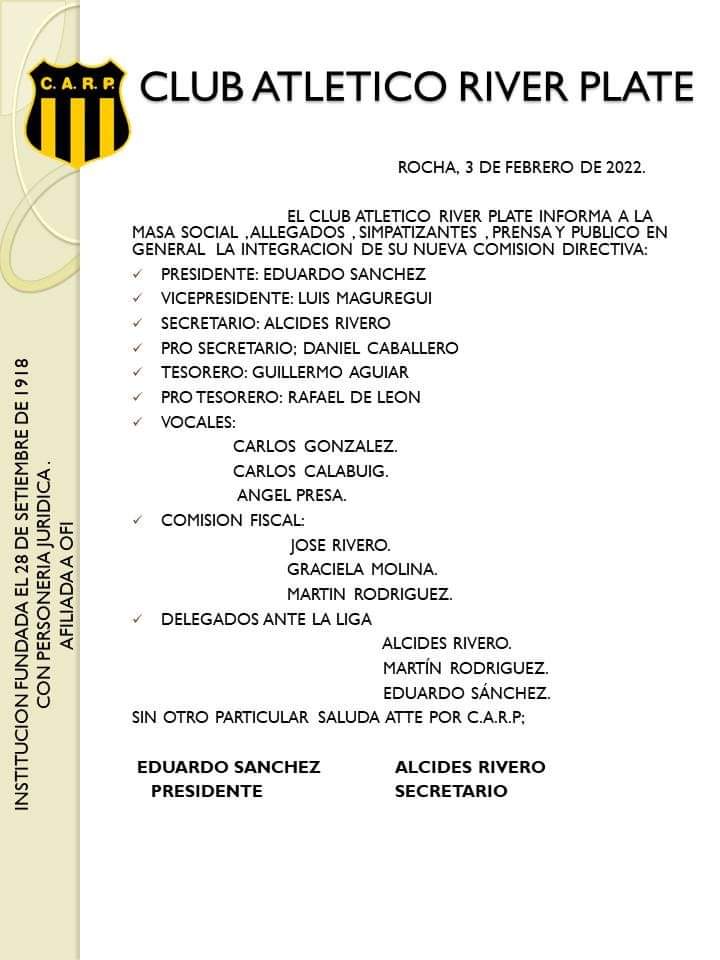 #Rocha 🌴🌴
Nuevas autoridades en River Plate de Rocha 
Eduardo Sanchez sera el Presidente y el histórico Luis Maguregui es el Vice.
<a href="/riverderocha/">River Plate de Rocha</a>