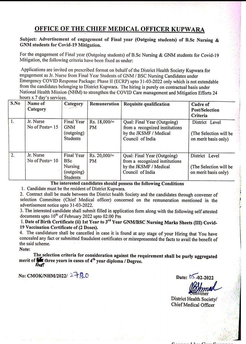 Advertisement for engagement of final year Jr.Nurse student for covid mitigation in district kupwara