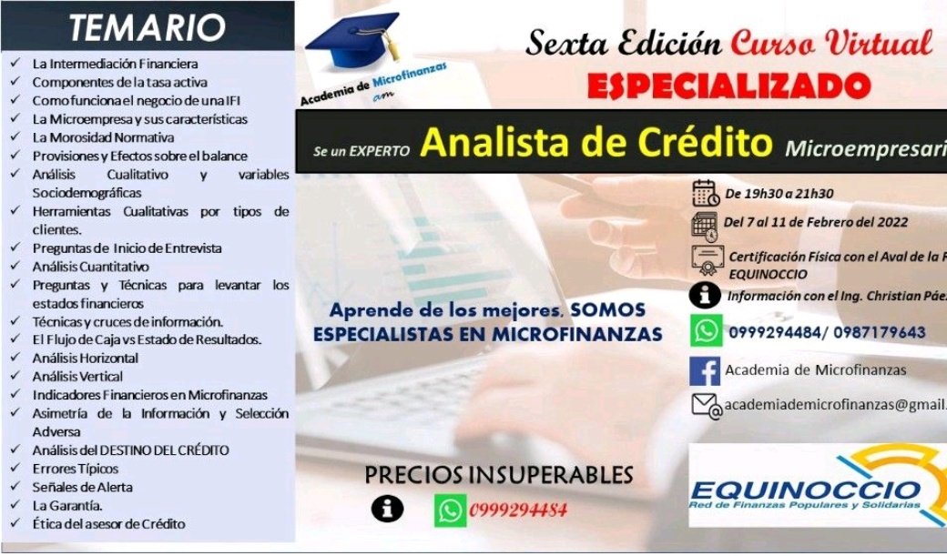 Conviértete en un experto ANALISTA DE CRÉDITO, microempresarial. No pierdas esta oportunidad. Solicita información del CURSO al siguiente link bit.ly/3mRDxpa